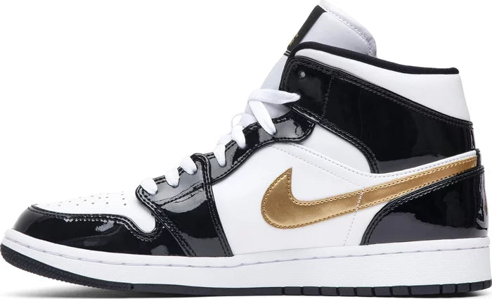 Jordan 1 Mid Patent Black White Gold