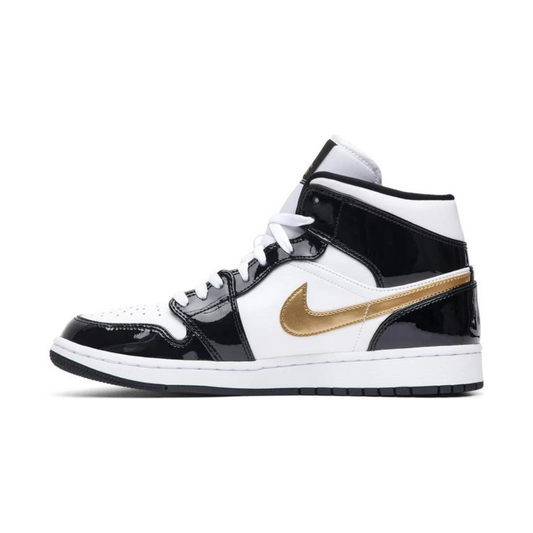 Jordan 1 Mid Patent Black White Gold